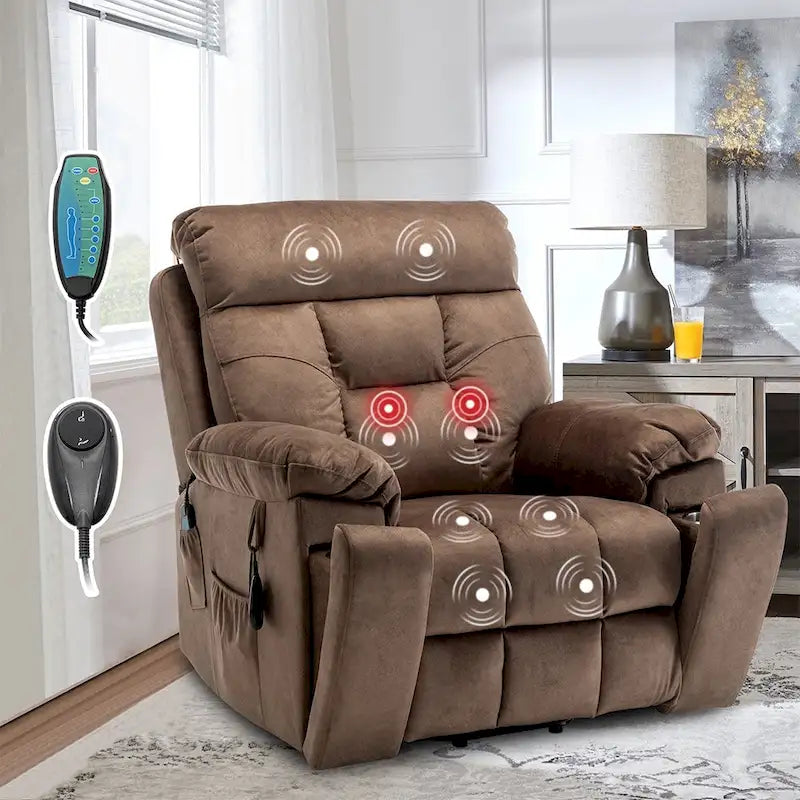 Fauteuil inclinable releveur électrique, massage et chaleur, velours, 8 points de massage, porte-gobelet, s'incline à 160°, 1 place, marron clair/foncé