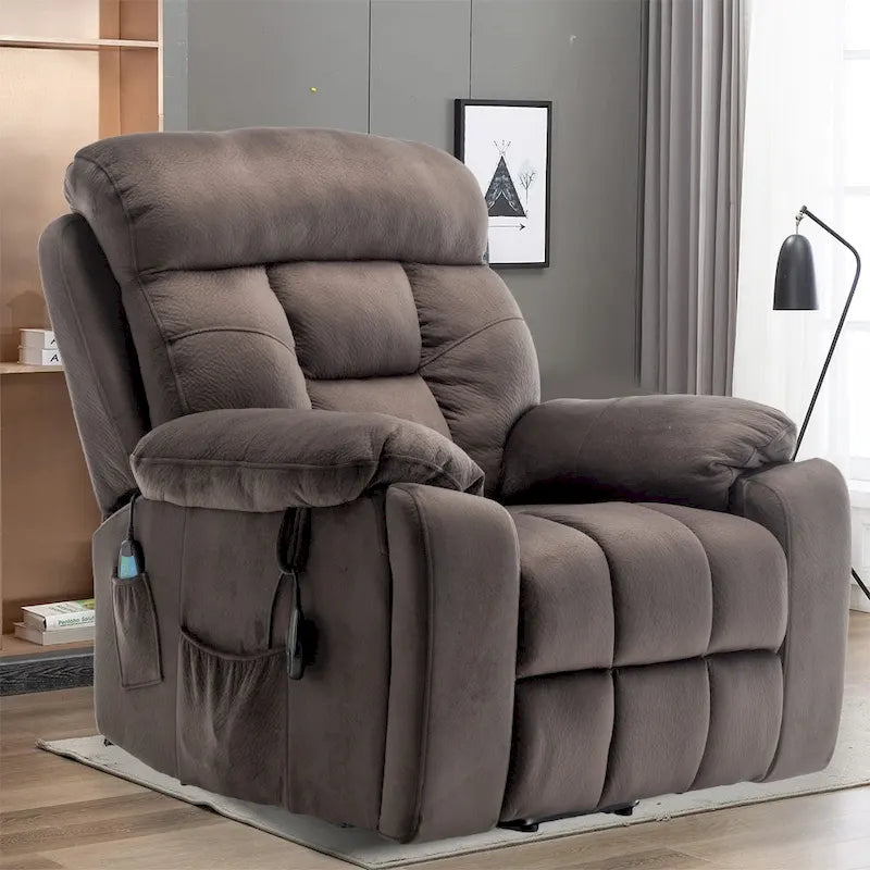 Fauteuil inclinable releveur électrique, massage et chaleur, velours, 8 points de massage, porte-gobelet, s'incline à 160°, 1 place, marron clair/foncé