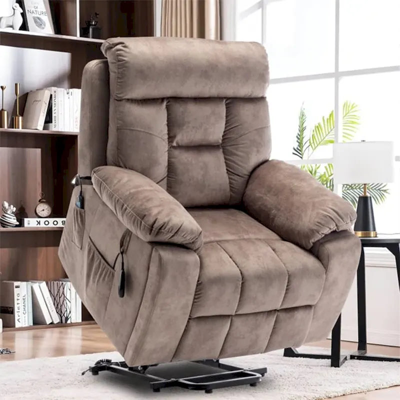 Fauteuil inclinable releveur électrique, massage et chaleur, velours, 8 points de massage, porte-gobelet, s'incline à 160°, 1 place, marron clair/foncé