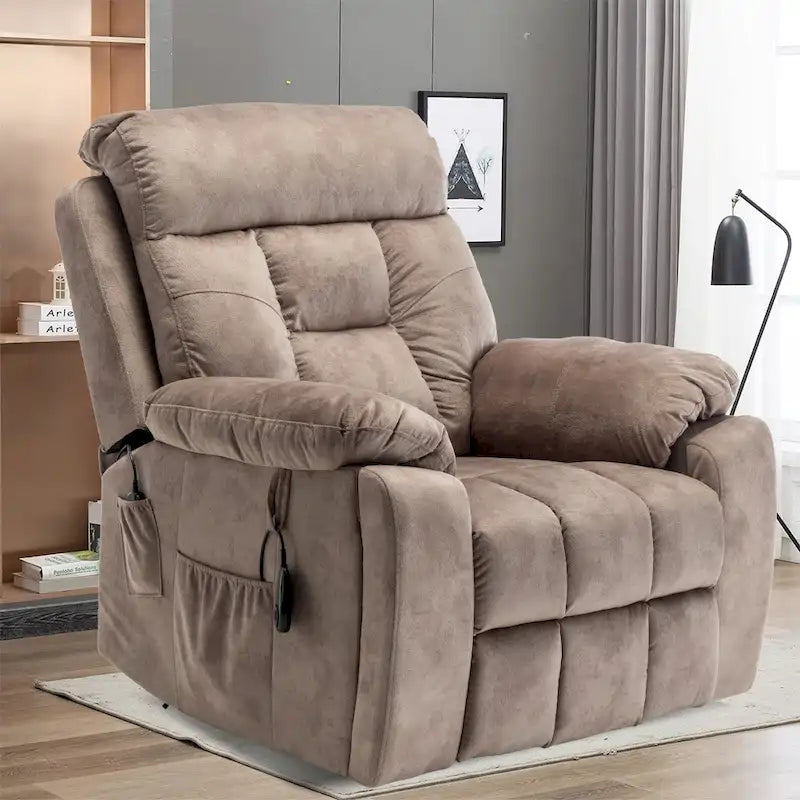 Fauteuil inclinable releveur électrique, massage et chaleur, velours, 8 points de massage, porte-gobelet, s'incline à 160°, 1 place, marron clair/foncé