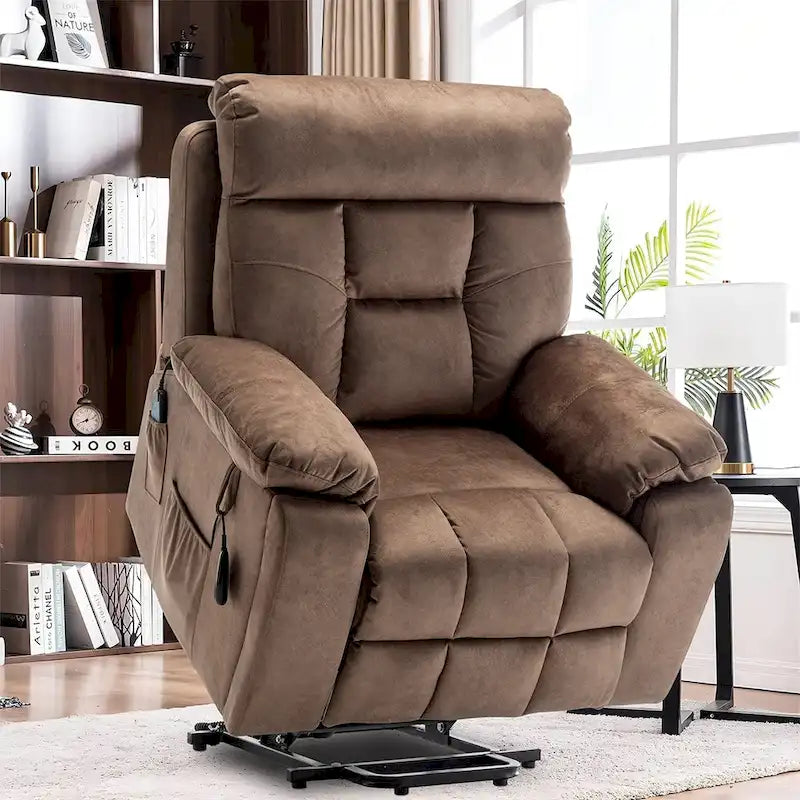 Fauteuil inclinable releveur électrique, massage et chaleur, velours, 8 points de massage, porte-gobelet, s'incline à 160°, 1 place, marron clair/foncé
