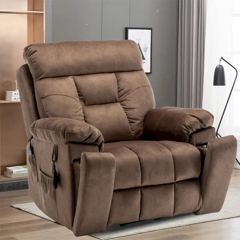 Fauteuil inclinable releveur électrique, massage et chaleur, velours, 8 points de massage, porte-gobelet, s'incline à 160°, 1 place, marron clair/foncé