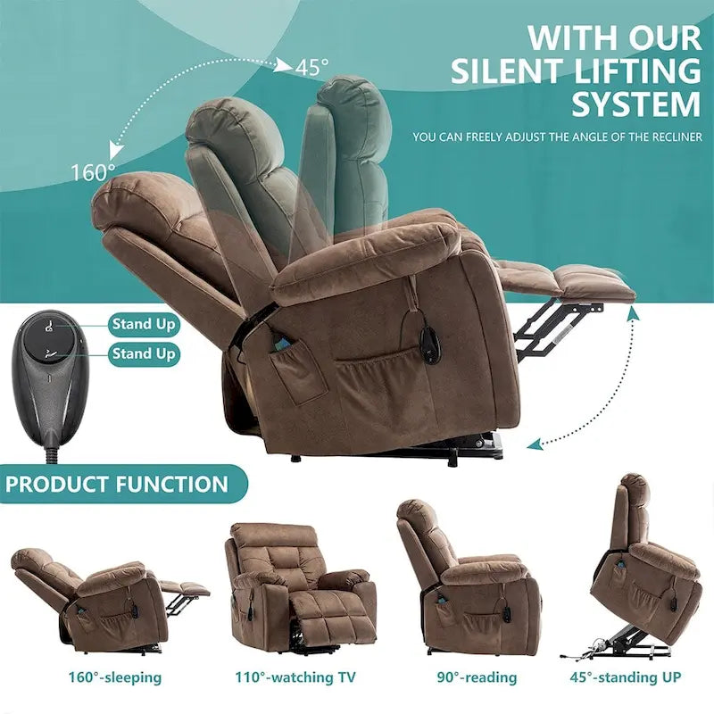 Fauteuil inclinable releveur électrique, massage et chaleur, velours, 8 points de massage, porte-gobelet, s'incline à 160°, 1 place, marron clair/foncé