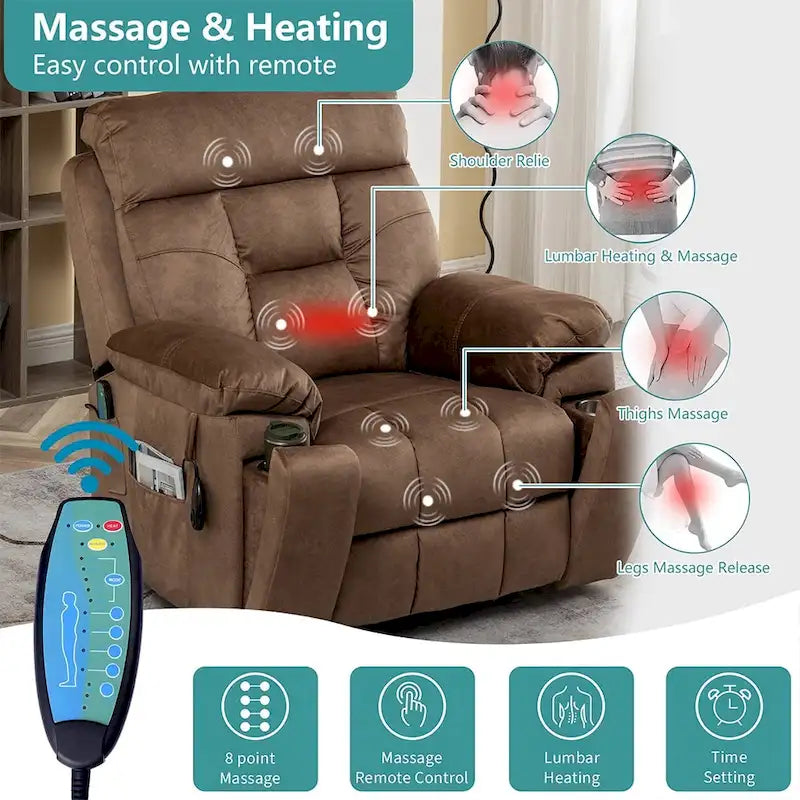 Fauteuil inclinable releveur électrique, massage et chaleur, velours, 8 points de massage, porte-gobelet, s'incline à 160°, 1 place, marron clair/foncé