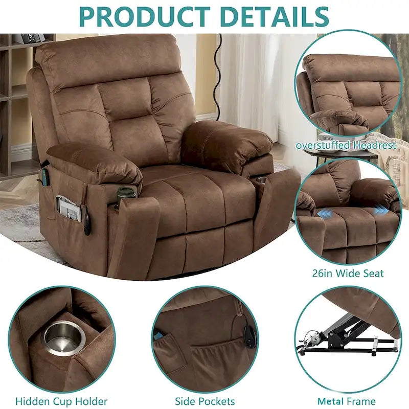 Fauteuil inclinable releveur électrique, massage et chaleur, velours, 8 points de massage, porte-gobelet, s'incline à 160°, 1 place, marron clair/foncé