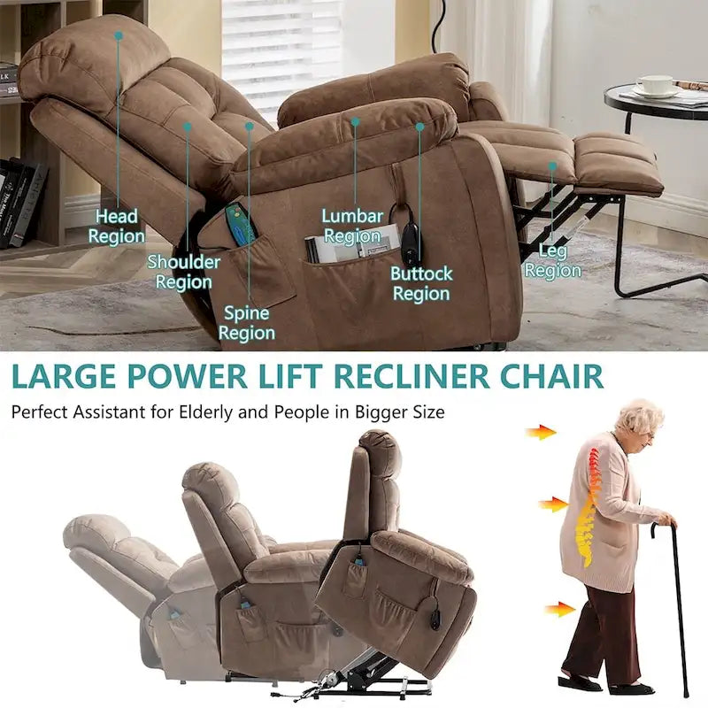 Fauteuil inclinable releveur électrique, massage et chaleur, velours, 8 points de massage, porte-gobelet, s'incline à 160°, 1 place, marron clair/foncé