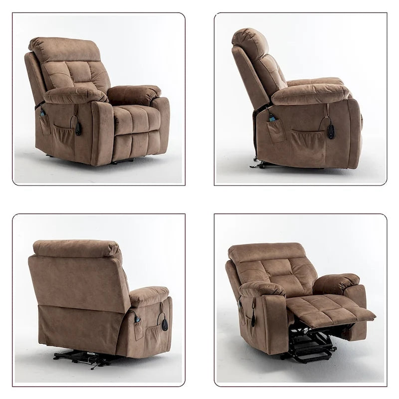 Fauteuil inclinable releveur électrique, massage et chaleur, velours, 8 points de massage, porte-gobelet, s'incline à 160°, 1 place, marron clair/foncé
