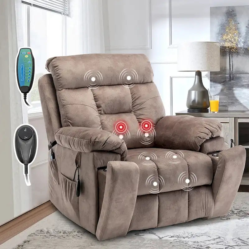 Fauteuil inclinable releveur électrique, massage et chaleur, velours, 8 points de massage, porte-gobelet, s'incline à 160°, 1 place, marron clair/foncé