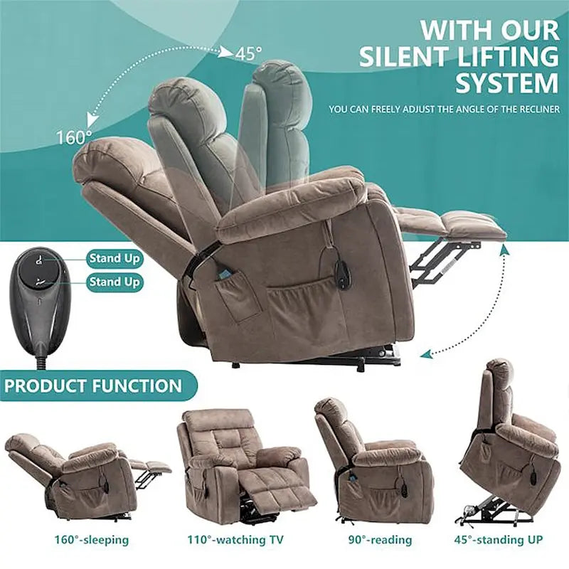 Fauteuil inclinable releveur électrique, massage et chaleur, velours, 8 points de massage, porte-gobelet, s'incline à 160°, 1 place, marron clair/foncé