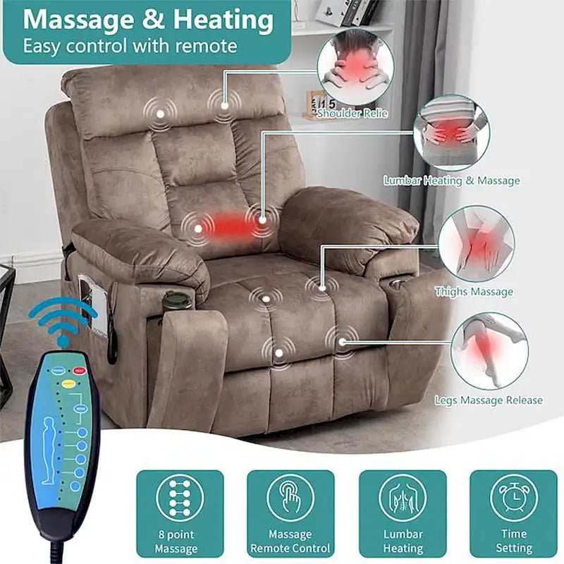 Fauteuil inclinable releveur électrique, massage et chaleur, velours, 8 points de massage, porte-gobelet, s'incline à 160°, 1 place, marron clair/foncé