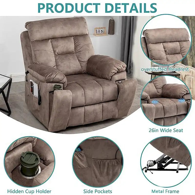 Fauteuil inclinable releveur électrique, massage et chaleur, velours, 8 points de massage, porte-gobelet, s'incline à 160°, 1 place, marron clair/foncé