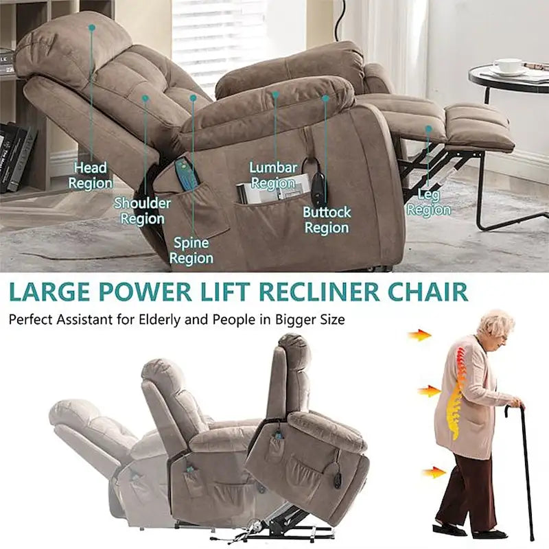 Fauteuil inclinable releveur électrique, massage et chaleur, velours, 8 points de massage, porte-gobelet, s'incline à 160°, 1 place, marron clair/foncé