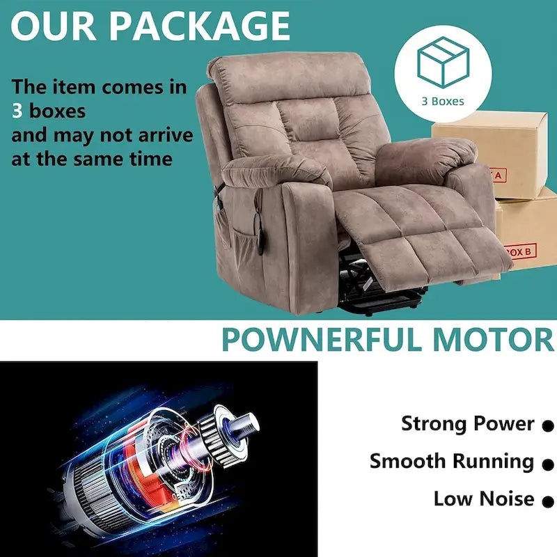 Fauteuil inclinable releveur électrique, massage et chaleur, velours, 8 points de massage, porte-gobelet, s'incline à 160°, 1 place, marron clair/foncé