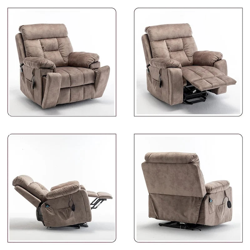 Fauteuil inclinable releveur électrique, massage et chaleur, velours, 8 points de massage, porte-gobelet, s'incline à 160°, 1 place, marron clair/foncé