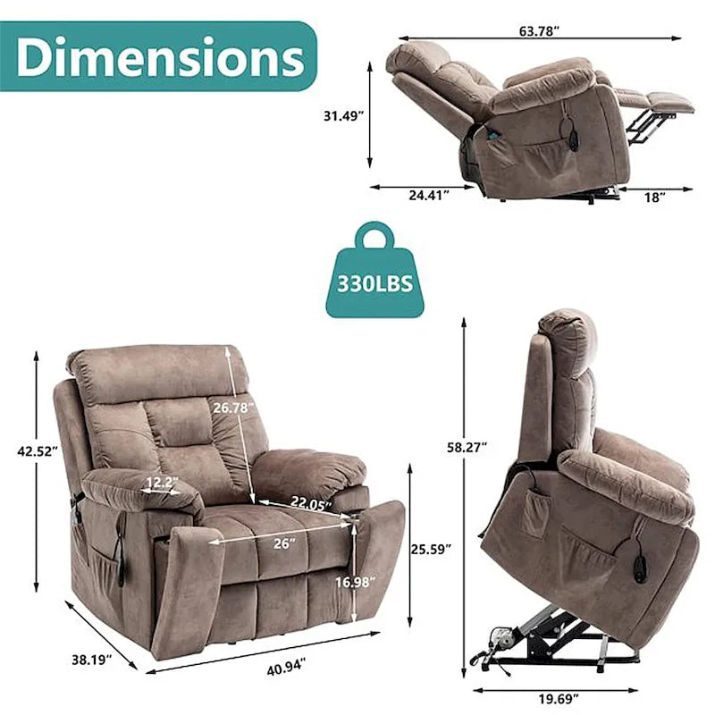 Fauteuil inclinable releveur électrique, massage et chaleur, velours, 8 points de massage, porte-gobelet, s'incline à 160°, 1 place, marron clair/foncé