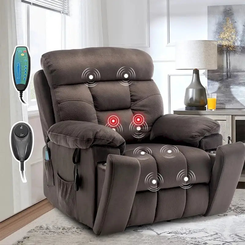 Fauteuil inclinable releveur électrique, massage et chaleur, velours, 8 points de massage, porte-gobelet, s'incline à 160°, 1 place, marron clair/foncé