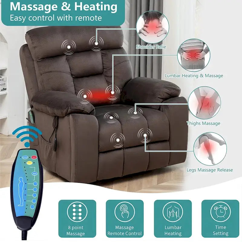 Fauteuil inclinable releveur électrique, massage et chaleur, velours, 8 points de massage, porte-gobelet, s'incline à 160°, 1 place, marron clair/foncé