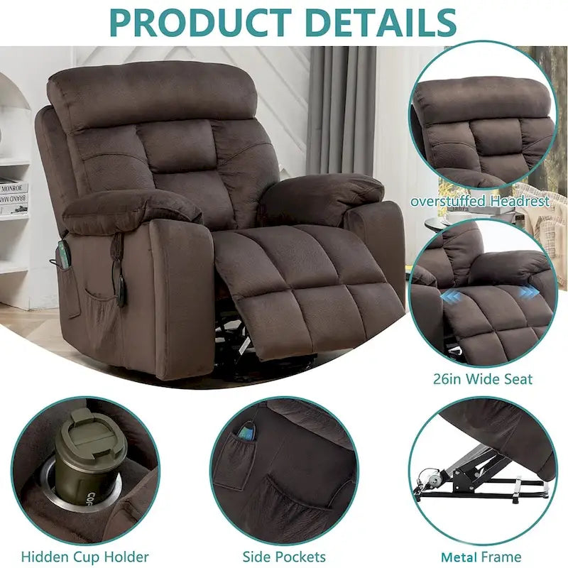 Fauteuil inclinable releveur électrique, massage et chaleur, velours, 8 points de massage, porte-gobelet, s'incline à 160°, 1 place, marron clair/foncé