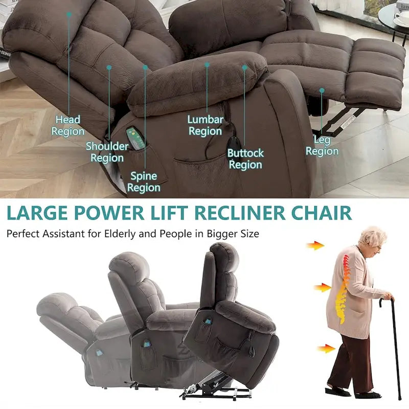 Fauteuil inclinable releveur électrique, massage et chaleur, velours, 8 points de massage, porte-gobelet, s'incline à 160°, 1 place, marron clair/foncé