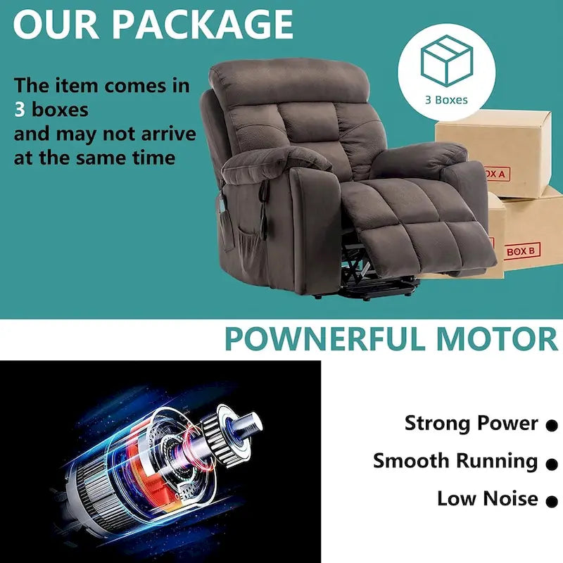 Fauteuil inclinable releveur électrique, massage et chaleur, velours, 8 points de massage, porte-gobelet, s'incline à 160°, 1 place, marron clair/foncé