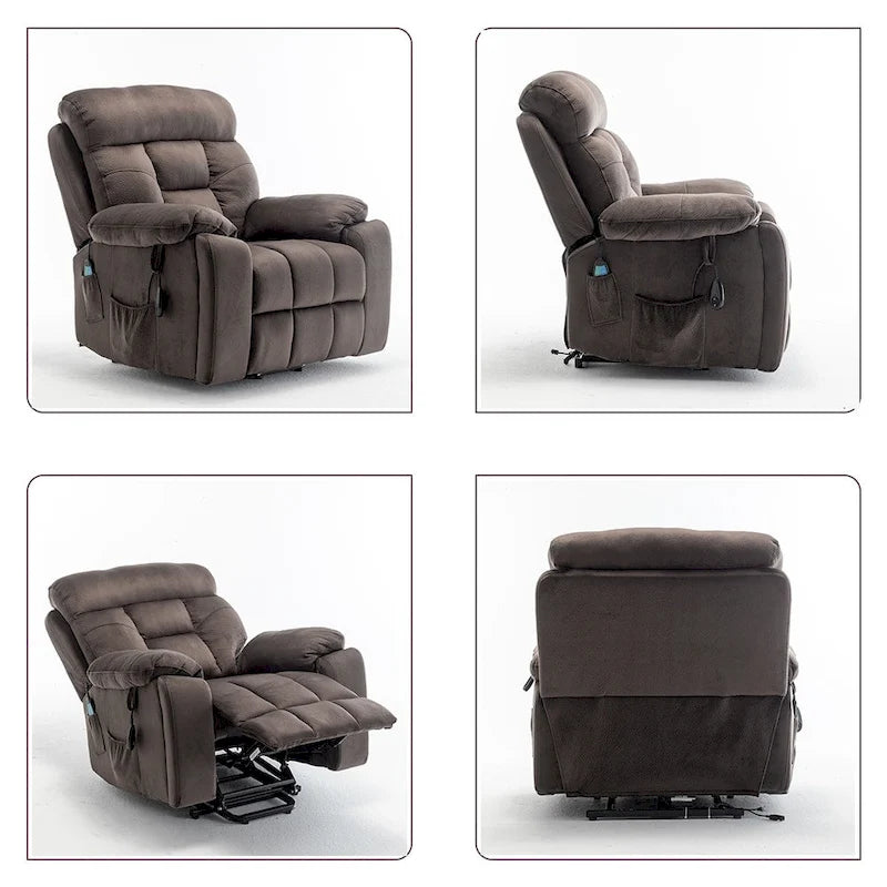 Fauteuil inclinable releveur électrique, massage et chaleur, velours, 8 points de massage, porte-gobelet, s'incline à 160°, 1 place, marron clair/foncé