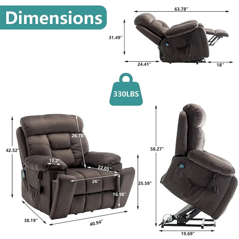 Fauteuil inclinable releveur électrique, massage et chaleur, velours, 8 points de massage, porte-gobelet, s'incline à 160°, 1 place, marron clair/foncé