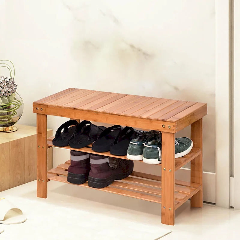 Banc à chaussures en bambou à 3 niveaux, noir/naturel, 1 place