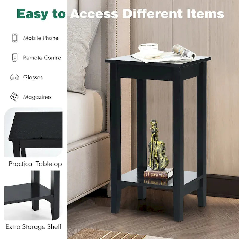 Table de chevet à 2 niveaux, lot de 2, bois et MDF, 4 pieds solides, 40,6 cm L x 29,2 cm l x 73,7 cm H, noir/blanc