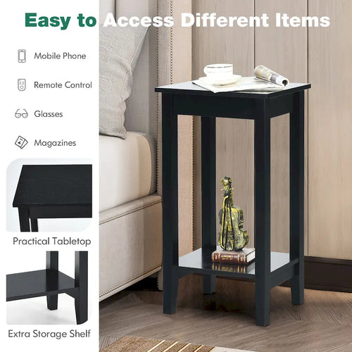 Table de chevet à 2 niveaux, lot de 2, bois et MDF, 4 pieds solides, 40,6 cm L x 29,2 cm l x 73,7 cm H, noir/blanc