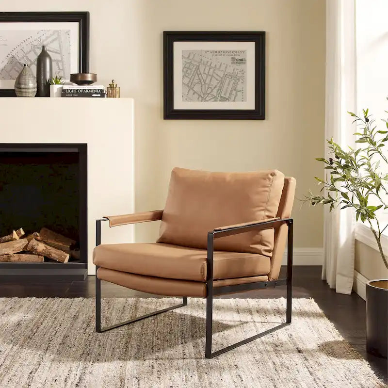 Fauteuil d'appoint en cuir Mid-Century, marron/kaki, structure en métal, 1 place