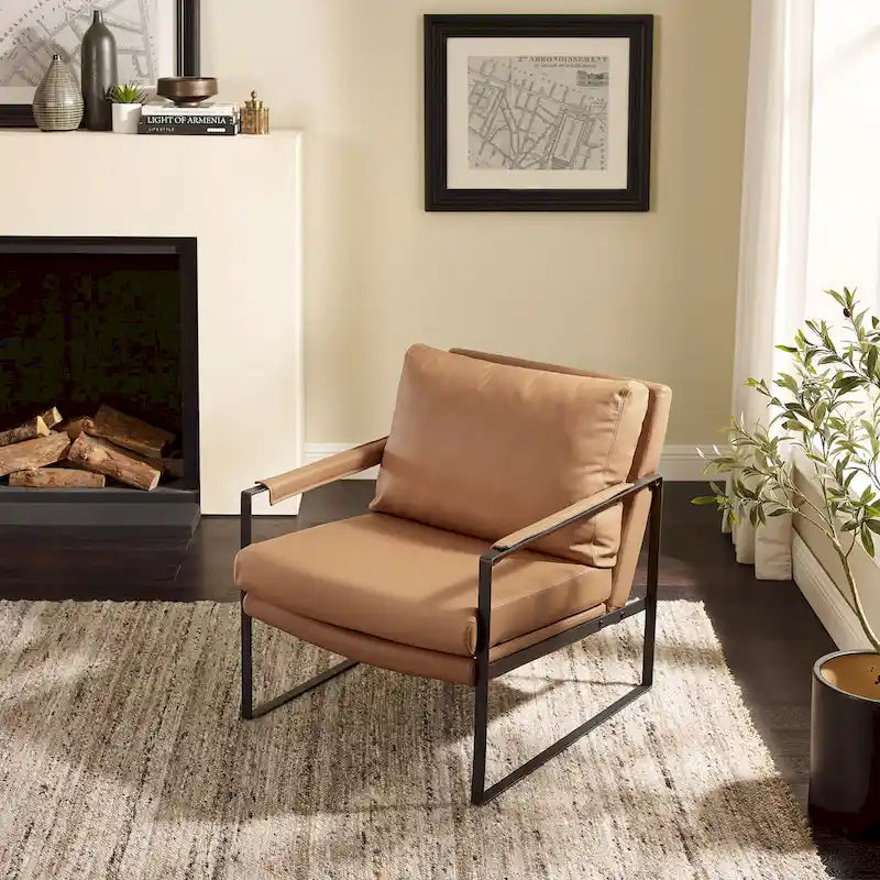 Fauteuil d'appoint en cuir Mid-Century, marron/kaki, structure en métal, 1 place