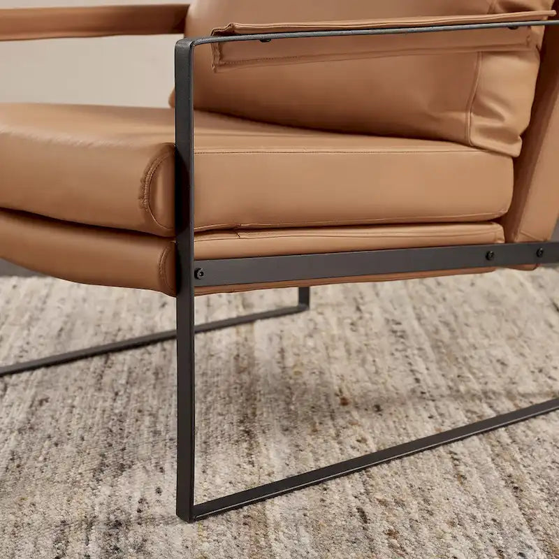 Fauteuil d'appoint en cuir Mid-Century, marron/kaki, structure en métal, 1 place