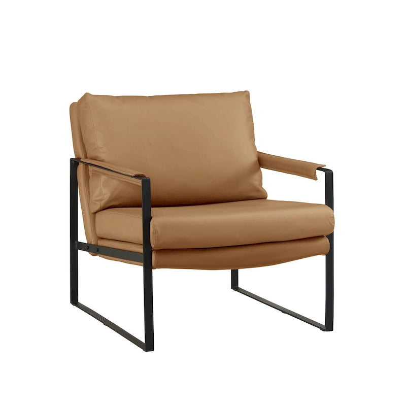 Fauteuil d'appoint en cuir Mid-Century, marron/kaki, structure en métal, 1 place