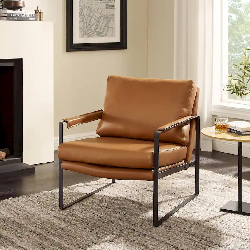 Fauteuil d'appoint en cuir Mid-Century, marron/kaki, structure en métal, 1 place
