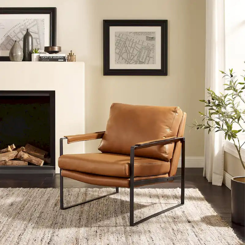 Fauteuil d'appoint en cuir Mid-Century, marron/kaki, structure en métal, 1 place