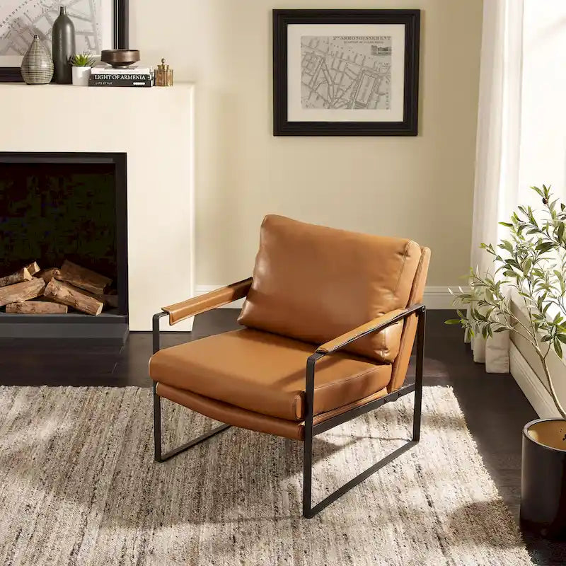 Fauteuil d'appoint en cuir Mid-Century, marron/kaki, structure en métal, 1 place