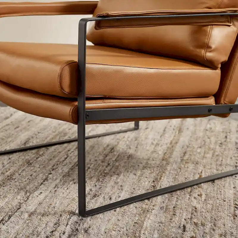 Fauteuil d'appoint en cuir Mid-Century, marron/kaki, structure en métal, 1 place