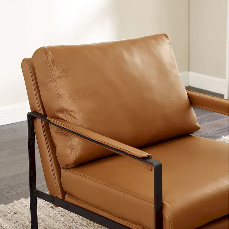 Fauteuil d'appoint en cuir Mid-Century, marron/kaki, structure en métal, 1 place