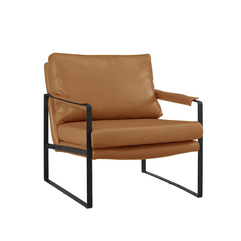 Fauteuil d'appoint en cuir Mid-Century, marron/kaki, structure en métal, 1 place