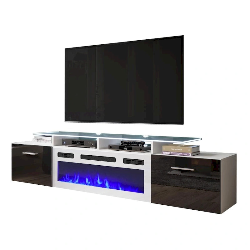 Meuble TV avec cheminée électrique blanc/gris/noir, convient aux téléviseurs de 85 pouces, 190,5 cm (75 po) de largeur x 48,26 cm (19 po) de hauteur, lumières LED, télécommande