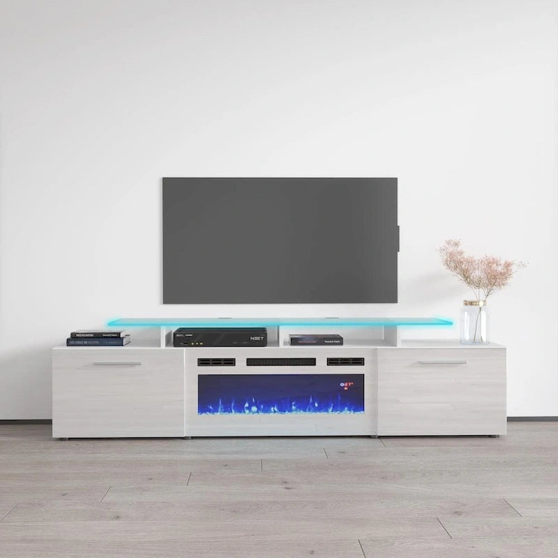 Meuble TV avec cheminée électrique blanc/gris/noir, convient aux téléviseurs de 85 pouces, 190,5 cm (75 po) de largeur x 48,26 cm (19 po) de hauteur, lumières LED, télécommande