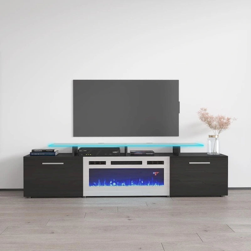 Meuble TV avec cheminée électrique blanc/gris/noir, convient aux téléviseurs de 85 pouces, 190,5 cm (75 po) de largeur x 48,26 cm (19 po) de hauteur, lumières LED, télécommande