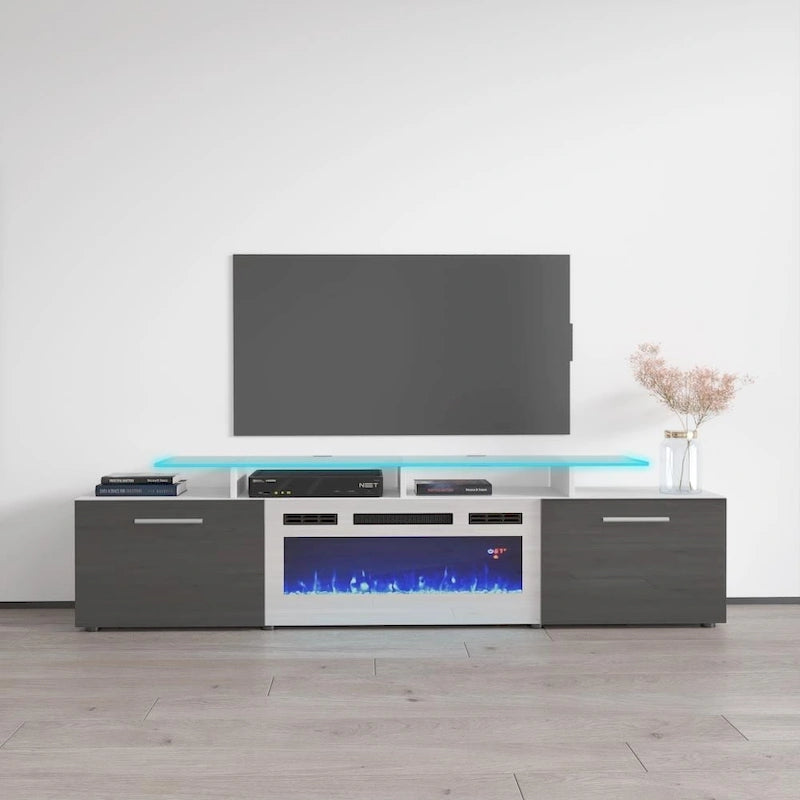 Meuble TV avec cheminée électrique blanc/gris/noir, convient aux téléviseurs de 85 pouces, 190,5 cm (75 po) de largeur x 48,26 cm (19 po) de hauteur, lumières LED, télécommande