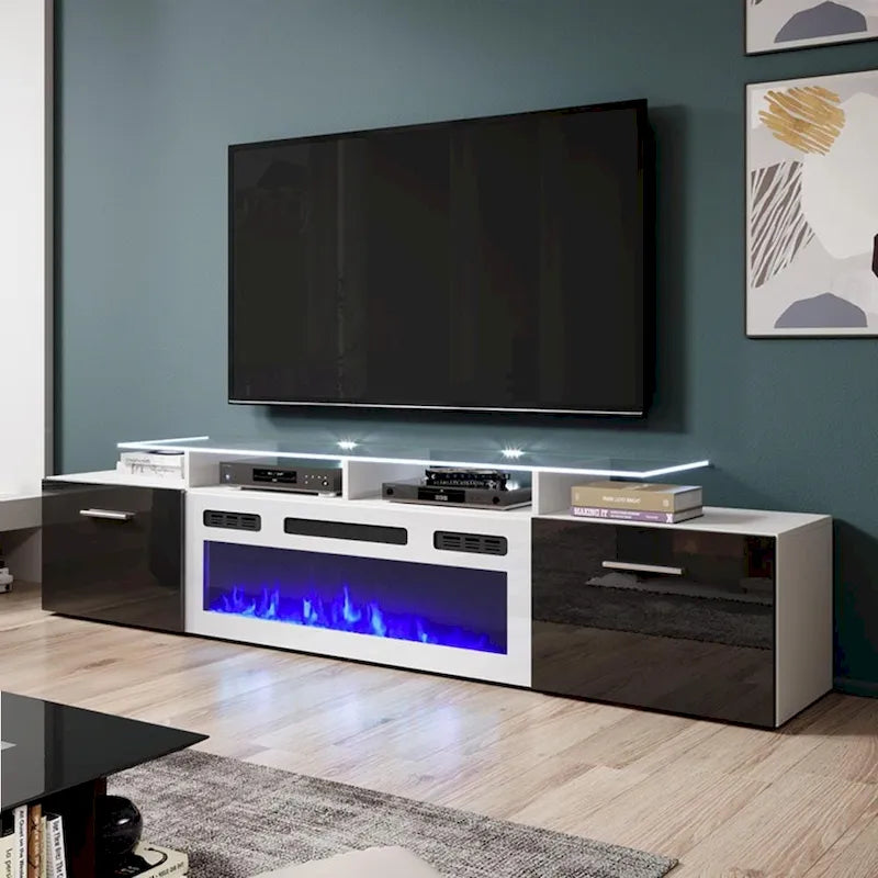 Meuble TV avec cheminée électrique blanc/gris/noir, convient aux téléviseurs de 85 pouces, 190,5 cm (75 po) de largeur x 48,26 cm (19 po) de hauteur, lumières LED, télécommande