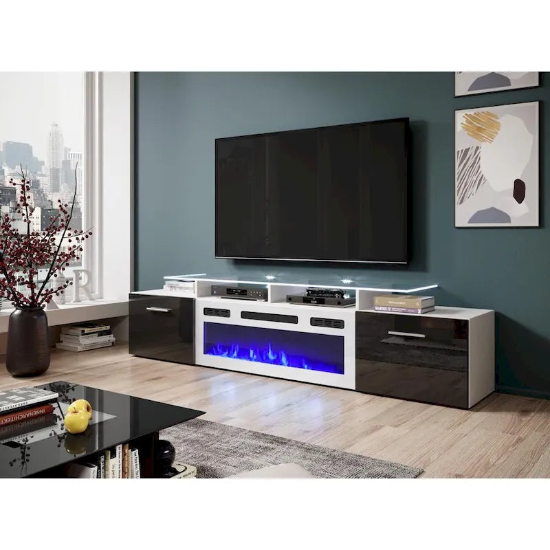 Meuble TV avec cheminée électrique blanc/gris/noir, convient aux téléviseurs de 85 pouces, 190,5 cm (75 po) de largeur x 48,26 cm (19 po) de hauteur, lumières LED, télécommande