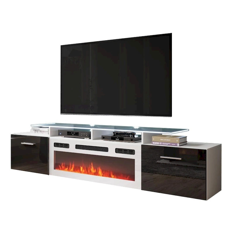 Meuble TV avec cheminée électrique blanc/gris/noir, convient aux téléviseurs de 85 pouces, 190,5 cm (75 po) de largeur x 48,26 cm (19 po) de hauteur, lumières LED, télécommande