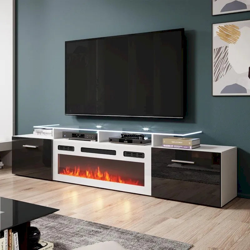 Meuble TV avec cheminée électrique blanc/gris/noir, convient aux téléviseurs de 85 pouces, 190,5 cm (75 po) de largeur x 48,26 cm (19 po) de hauteur, lumières LED, télécommande