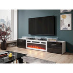 Meuble TV avec cheminée électrique blanc/gris/noir, convient aux téléviseurs de 85 pouces, 190,5 cm (75 po) de largeur x 48,26 cm (19 po) de hauteur, lumières LED, télécommande