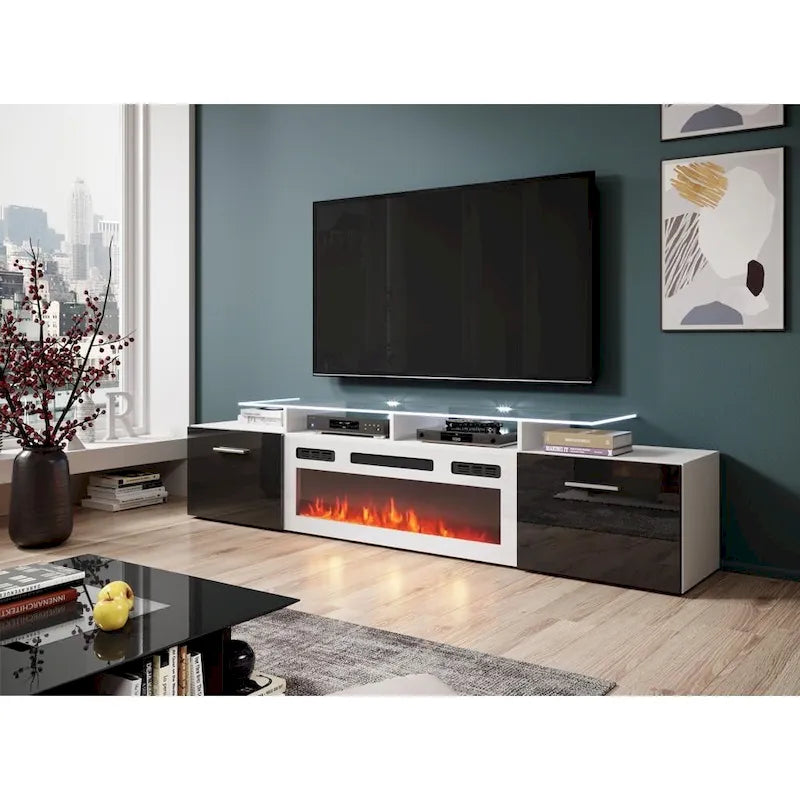 Meuble TV avec cheminée électrique blanc/gris/noir, convient aux téléviseurs de 85 pouces, 190,5 cm (75 po) de largeur x 48,26 cm (19 po) de hauteur, lumières LED, télécommande