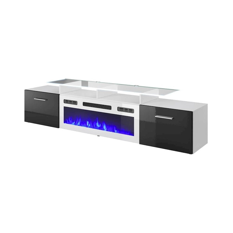 Meuble TV avec cheminée électrique blanc/gris/noir, convient aux téléviseurs de 85 pouces, 190,5 cm (75 po) de largeur x 48,26 cm (19 po) de hauteur, lumières LED, télécommande